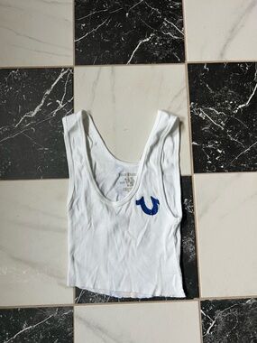 True Religion White Ribbed Tank Top with Blue Horseshoe Logo